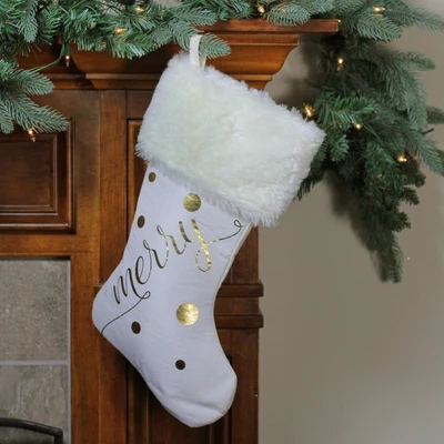 Northlight 19" Ivory White Gold Foil "Merry" Christmas Stocking With White Faux Fur Cuff 3 Northlight 19" Ivory White Gold Foil "Merry" Christmas Stocking With White Faux Fur Cuff