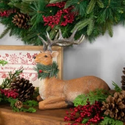 Northlight 47 Northlight Glittered Sitting Deer With Pine Neck Wreath Christmas Decoration - 10"