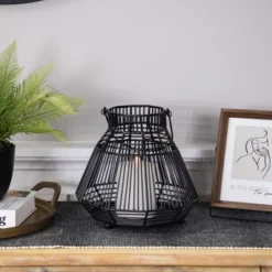 Northlight Medium Iron Geometric Hurricane Candle Lantern - 8.25" - Black