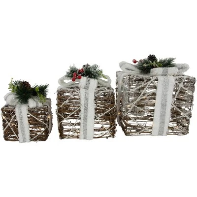 Northlight LED Lighted Gift Boxes With Pine And Berries Christmas Decorations - 9.75" - Set Of 3 4 Northlight LED Lighted Gift Boxes With Pine And Berries Christmas Decorations - 9.75" - Set Of 3 - Image 2
