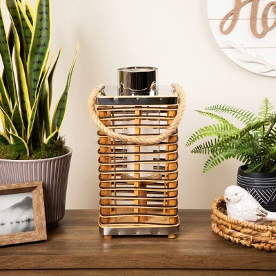 Northlight Rectangular Rattan Glass Candle Lantern With Jute Handle - 15.5" 3 Northlight Rectangular Rattan Glass Candle Lantern With Jute Handle - 15.5"