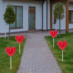 Northlight 4ct Red Heart Valentine's Day Pathway Marker Lawn Stakes, Clear Lights