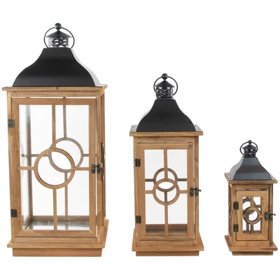 Northlight Set Of 3 Natural Wood Candle Lanterns With Black Metal Tops 26.5" 4 Northlight Set Of 3 Natural Wood Candle Lanterns With Black Metal Tops 26.5" - Image 2