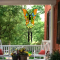 Northlight 15.75" Orange And Green Metal Butterfly Outdoor Garden Windchime