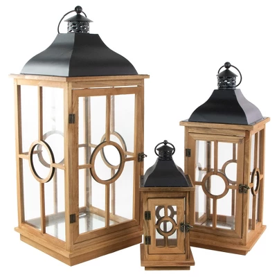 Northlight Set Of 3 Natural Wood Candle Lanterns With Black Metal Tops 26.5" 6 Northlight Set Of 3 Natural Wood Candle Lanterns With Black Metal Tops 26.5" - Image 4