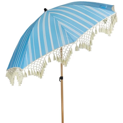 Northlight Striped Outdoor Macrame Boho Beach Market Umbrella With Tilt - 6.5' - Sky Blue And White 5 Northlight Striped Outdoor Macrame Boho Beach Market Umbrella With Tilt - 6.5' - Sky Blue And White - Image 3