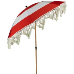 Northlight Striped Outdoor Macrame Boho Beach Market Umbrella With Tiltt- 6.5' - Red And White -Northlight GUEST ae33e361 2ac5 4a71 9131 d8e45232c7c9