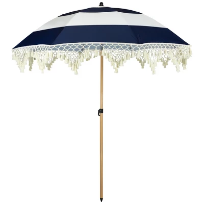 Northlight Striped Outdoor Tilting Macrame Boho Beach Market Umbrella - 6.5' - Blue And White 11 Northlight Striped Outdoor Tilting Macrame Boho Beach Market Umbrella - 6.5' - Blue And White - Image 9