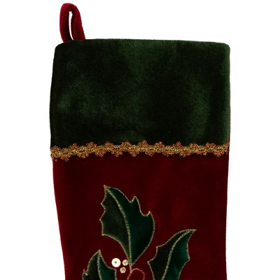 Northlight 21" Red And Green Holly Embroidered Velvet Christmas Stocking 4 Northlight 21" Red And Green Holly Embroidered Velvet Christmas Stocking - Image 2