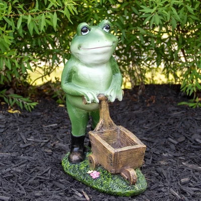 Northlight 11.5" Green Frog Pushing Wheelbarrow Outdoor Garden Statue 3 Northlight 11.5" Green Frog Pushing Wheelbarrow Outdoor Garden Statue