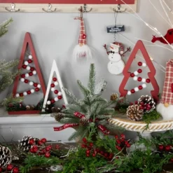 Northlight Set Of 3 Red And White Beaded Christmas Trees Wooden Table Decorations 0.98 FT