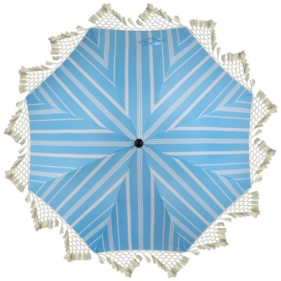 Northlight Striped Outdoor Macrame Boho Beach Market Umbrella With Tilt - 6.5' - Sky Blue And White 6 Northlight Striped Outdoor Macrame Boho Beach Market Umbrella With Tilt - 6.5' - Sky Blue And White - Image 4