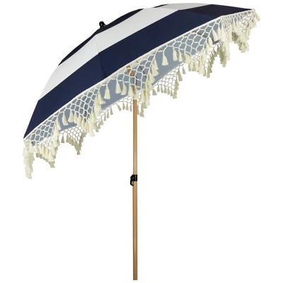 Northlight Striped Outdoor Tilting Macrame Boho Beach Market Umbrella - 6.5' - Blue And White 5 Northlight Striped Outdoor Tilting Macrame Boho Beach Market Umbrella - 6.5' - Blue And White - Image 3