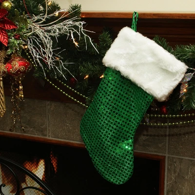 Northlight 18" Green And White Faux-Fur Cuffed Disco Sequined Christmas Stocking 3 Northlight 18" Green And White Faux-Fur Cuffed Disco Sequined Christmas Stocking
