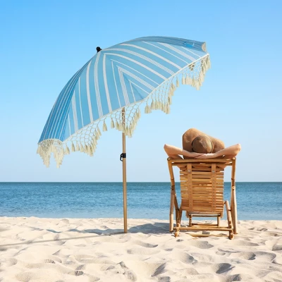 Northlight Striped Outdoor Macrame Boho Beach Market Umbrella With Tilt - 6.5' - Sky Blue And White 3 Northlight Striped Outdoor Macrame Boho Beach Market Umbrella With Tilt - 6.5' - Sky Blue And White