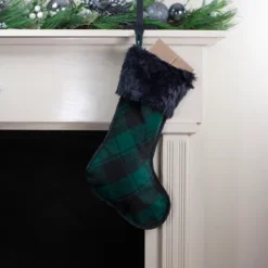 Northlight 19" Green And Black Plaid Christmas Stocking With Faux Fur
