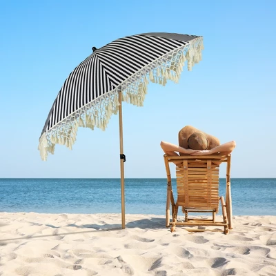 Northlight Striped Outdoor Macrame Boho Beach Market Umbrella With Tilt- 6.5' - Black And White 3 Northlight Striped Outdoor Macrame Boho Beach Market Umbrella With Tilt- 6.5' - Black And White
